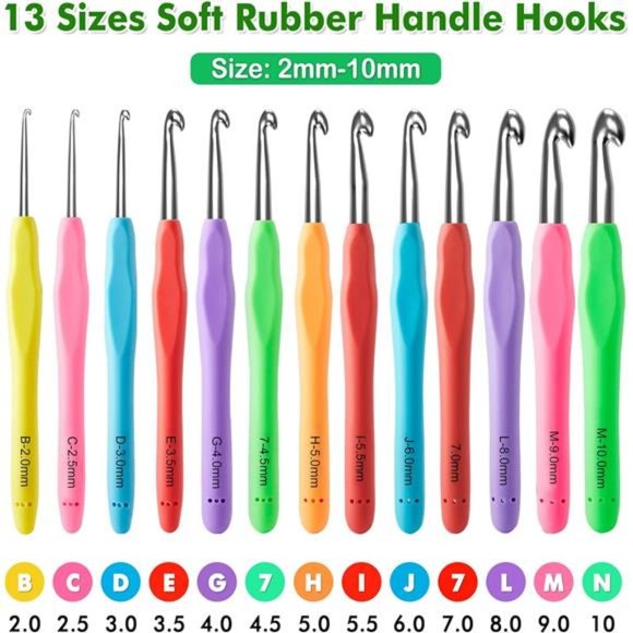 73 Pack Crochet Hooks Set, 13 PCS 2mm(B)-10mm(N) Ergonomic Soft Grip Crochet - Picture 6 of 7
